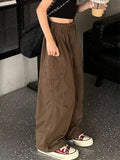 Loose Solid Colored Girls Cargo Pants with Flap Pockets for Spring & Summer, Versatile & Plain