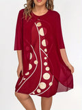 Elegant Women's 3/4 Sleeve Crew Neck Abstract Print Layered Dress for Daily Wear