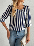 Half Sleeve Stripe Print Crew Neck Blouse for Spring & Fall, Casual Women's Clothing