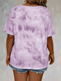 Purpdrank Women'S Plus Size Tie Dye Print Short Sleeve T-Shirt, Casual Loose Fit Tee with Lace-Up Drape Neck, Polyester 95% Spandex 5% Knit Fabric, Medium Stretch, Spring/Summer Pullovers, 175g/m² - Purple