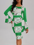 Elegant Women's Geo Print Color Block Bodycon Dress with Crew Neck and Flared Long Sleeves