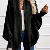 Purpdrank Plus Size Casual Cardigan, Women's Plus Cable Knitted Long Sleeve Open Front Medium Stretch Sweater Cardigan With Pockets