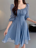 Lace Up Square Neck Dress, Elegant Half Sleeve Dress For Spring & Summer, Women's Clothing