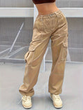 Y2K Vintage & Kpop Bootcut Cargo Pants for Women - All-Season, Cotton Blend, Street Style with Square Pockets & Washed Detail Khaki