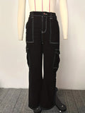 Y2K Vintage & Kpop Bootcut Cargo Pants for Women - All-Season, Cotton Blend, Street Style with Square Pockets & Washed Detail Khaki