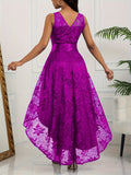 Elegant Sleeveless Lace A-line Dress, High Low Hem Tie Waist For Party & Banquet, Women's Clothing