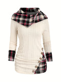 Warm & Stylish Tartan Hoodie with Decorative Buttons - Perfect Fit, Easy-Care Casual Winter Wear for Women