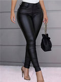 Skinny Fit Matte PU Leather Coated Denim Pants - Stretchy, Pkush-Lined, Warm, and Sexy - Black Plain Jeans for Women, Perfect for Winter Season