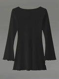 Elegant Solid Color Mini Dress with Lettuce Trim - V-Neck, Long Sleeve, Stretchy Polyester Blend for Women - Perfect for Spring & Fall