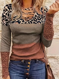 Stylish Leopard Print Cross Front Long Sleeve T-Shirt - Women's Casual Lace Stitching Tops for Spring & Fall - Comfortable Fashion Clothing with Relaxed Fit