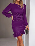 Purpdrank Elegant Long Sleeve Solid Dress - Chic Crew Neck, Cascading Ruffle Hem Detail, Perfect for Evening Occasions & Social Events - Women's Fashion Essential