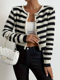 Chic Black & White Striped Knit Cardigan - Casual Long Sleeve Button-Up Sweater for Women, Perfect for Fall/Winter