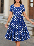 Polka Dot Print Square Neck Dress, Elegant Short Sleeve Belted Dress For Spring & Summer, Women's Clothing