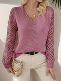 Elegant Hollow-Out Knit Pullover Sweater - 100% Acrylic Middle-Eastern Style Crew Neck Solid Color All Season Top