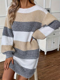 Chic Striped Knit Sweater Dress - Casual Crew Neck, Long Sleeve, Mid-Length with Drop Shoulder Design for Women