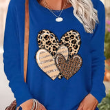 Purpdrank Women's Casual Leopard Heart Print Long Sleeve T-Shirt - Crew Neck, Polyester Blend, Machine Washable, Stylish Top for Spring & Fall, Leopard Print Blouse