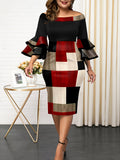 Plus Size Plaid Print Off Shoulder Dress, Elegant Ruffle Sleeve Bodycon Dress, Women's Plus Size Clothing