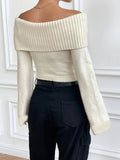 Purpdrank Elegant Off-Shoulder Crop Sweater - Solid Ribbed Knit for Spring to Fall | Versatile & Chic