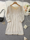 Elegant Apricot Sequin V-Neck Dress - Long Sleeve, Loose Fit for Women | Perfect for Spring/Fall