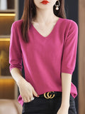 Solid Color V-neck Sweater, Versatile Half Sleeve Knitted Top For Spring & Fall, Women's Clothing