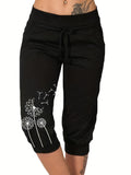 Comfy Dandelion-Print Drawstring Capri Pants - Breathable Cropped Trousers for Everyday Wear