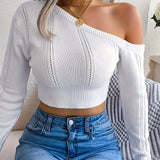 Purpdrank Elegant Off-Shoulder Knit Sweater - Women'S Solid Color Polyester Long Sleeve Skinny Fit Pullover for Fall/Winter