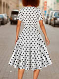 Polka Dot Print Square Neck Dress, Elegant Short Sleeve Belted Dress For Spring & Summer, Women's Clothing