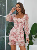 Floral Lace-Up Ruched Flounce Sleeve Women's Dresses, Women's Clothing