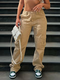 Y2K Vintage & Kpop Bootcut Cargo Pants for Women - All-Season, Cotton Blend, Street Style with Square Pockets & Washed Detail Khaki