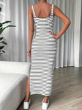 Chic Striped Square Neckline Midi Tank Dress - Elegant Sleeveless Split Dress for Women - Perfect for Spring and Summer, Comfortable and Versatile Clothing for Daily Wear