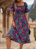 Floral Print Shirred Dress, Vacation Style Puff Sleeve Square Neck Dress For Spring & Summer, Women's Clothing