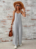 Striped Print Scoop Neck Jumpsuit, Casual Backless Ruched Spaghetti Strap Wide Leg Cami Jumpsuit, Women's Clothing