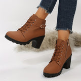 Women's Solid Color Platform Boots, Lace Up Side Zipper Slip On Round Toe Chunky Heel Shoes, Casual Comfy Shoes