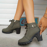 Women's Solid Color Platform Boots, Lace Up Side Zipper Slip On Round Toe Chunky Heel Shoes, Casual Comfy Shoes