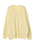 Plus Size Elegant Sweater, Women's Plus Faux Pearl Decor Long Sleeve V Neck Slight Stretch Fuzzy Pullover Jumper