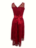 Elegant Sleeveless Lace A-line Dress, High Low Hem Tie Waist For Party & Banquet, Women's Clothing