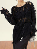 Chic Y2K Crochet Tassel Knit Sweater - Soft & Cozy Crew Neck with Long Sleeves - Fashion-Forward Womens Clothing