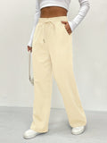 Solid Drawstring Pants, Casual Wide Leg Elastic Waist Pants, Women's Clothing