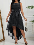 Elegant Sleeveless Lace A-line Dress, High Low Hem Tie Waist For Party & Banquet, Women's Clothing