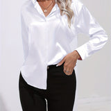 Purpdrank Elegant All-Season Shirt for Women - Long Sleeve, Solid Color, Easy-Care Polyester Blouse with Classic Turn-Down Collar