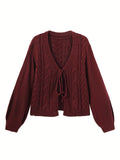 Cozy Cable Knit Tie Front Cardigan - Women's Casual Lantern Sleeve Solid Color Cardigan for Fall & Winter - Soft, Warm, and Comfortable Clothing for Ladies