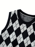 Argyle Print Crew Neck Sweater Vest, Casual Sleeveless Knit Vest For Spring & Fall, Women's Clothing