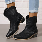 Women's V-cut Western Short Boots, Low Chunky Heel Pointed Toe Shoes, Solid Color Cowgirl Shoes