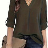 Purpdrank Chic Solid V-Neck Blouse - Fashionable simplicity for Women - Relaxed Casual Long Sleeve Style