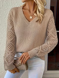 Purpdrank Solid Pointelle Detail Knitted Sweater, Elegant V-neck Long Sleeve Pullover, Women's Clothing