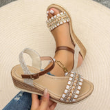 Purpdrank [Summer Rhinestone Wedge Sandals] Women's Casual Wedge Sandals - Open Toe, Ankle Strap, Summer Fashion with Rhinestone Accents, for Spring