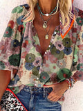 Purpdrank - Women's Blouse Shirt Floral Flower Long Sleeve V Neck Tops Loose Basic Top Blue Red