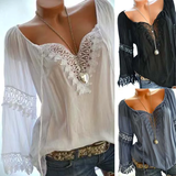 Purpdrank - Large Size Women Openwork Lace Long-Sleeved Blouse Solid Color Large V-Neck Casual Tops