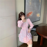 Purpdrank - Japanese Autumn Women Mini Lolita Dress Square Collar With Lace Pink Plaid Beading Dress Flare Sleeve Cute Kawaii Feminine Dress