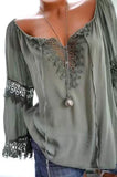 Purpdrank - Large Size Women Openwork Lace Long-Sleeved Blouse Solid Color Large V-Neck Casual Tops